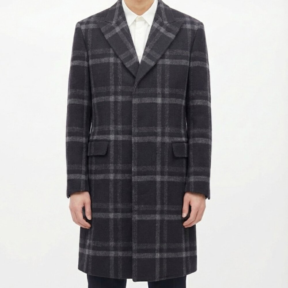 Paul Smith navy wool coat featuring with grey plaid pattern, peak lapel